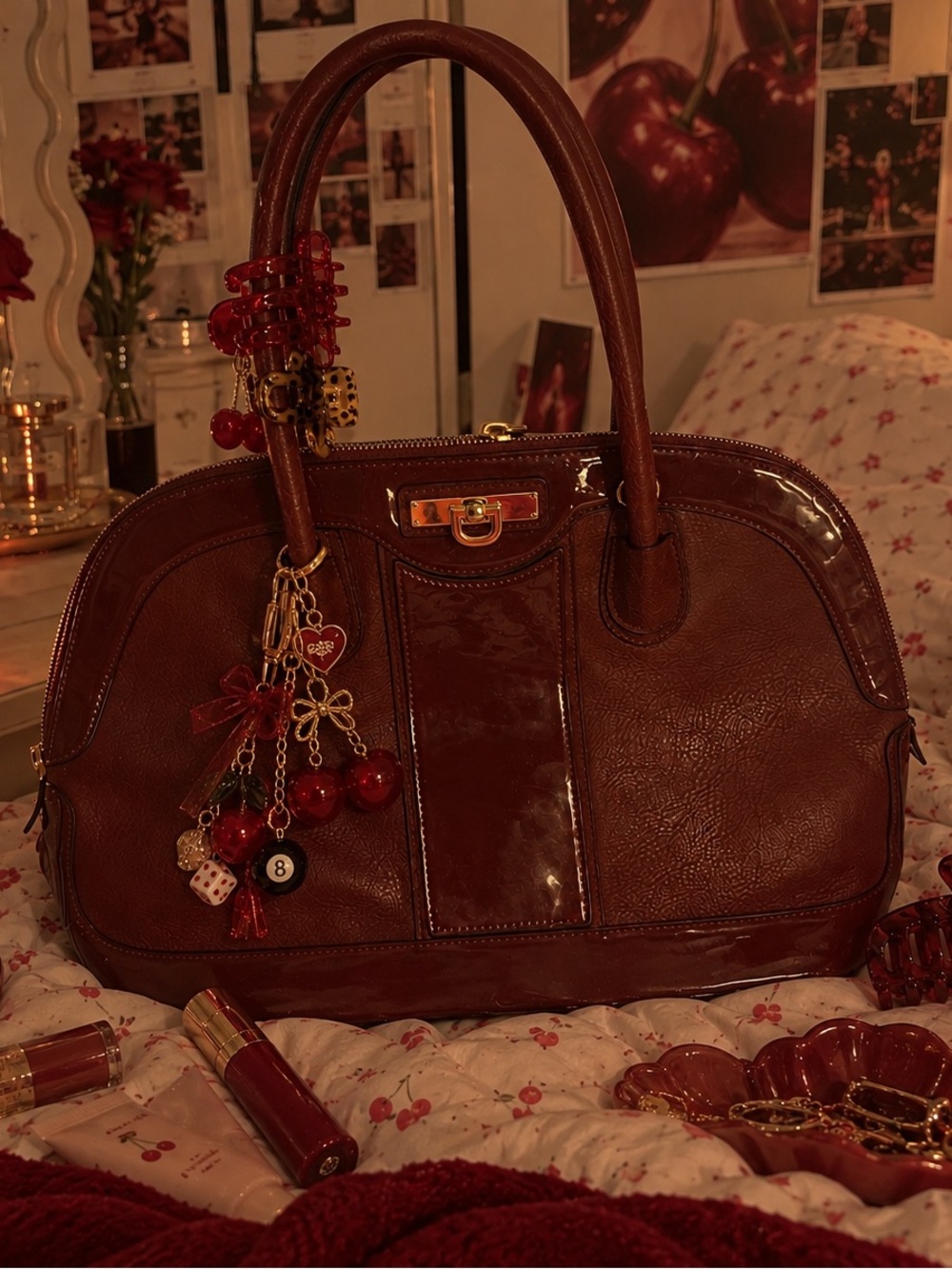 Y2K Cherry Red Burgundy Structured Handbag Purse